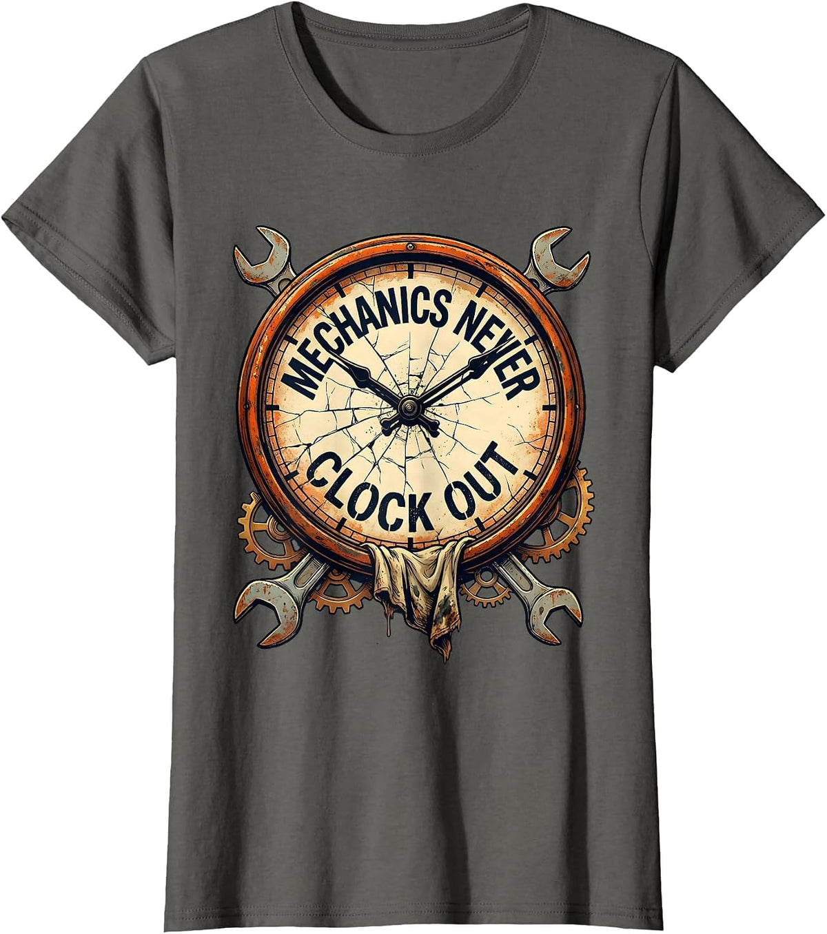 Women's Mechanics Never Clock Out Wrench Design T-Shirt - Asphalt Grey