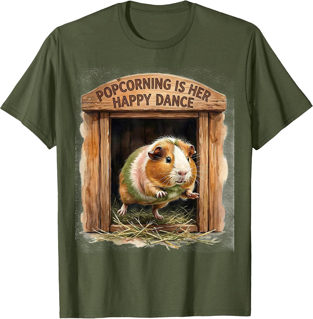 Popcorning Is Her Happy Dance Cute Guinea Pig Humor Pet T-Shirt - Olive Green