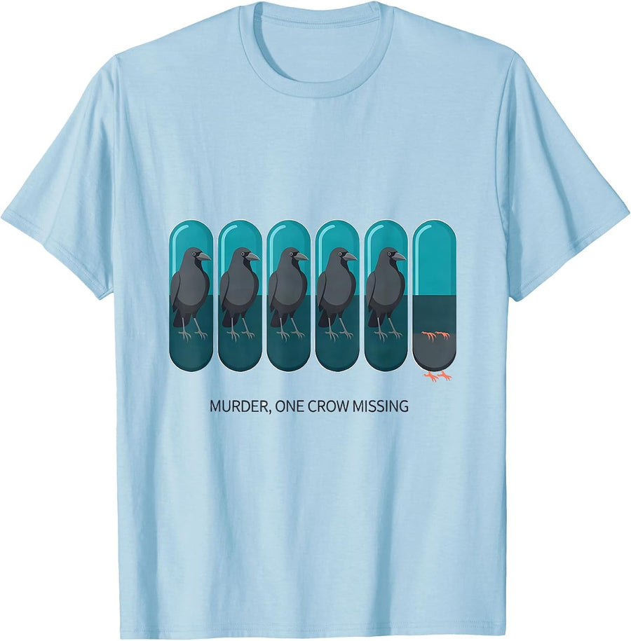 Men's Murder, One Crow Missing Funny Crow Lover Pun Humor T-Shirt - Baby Blue