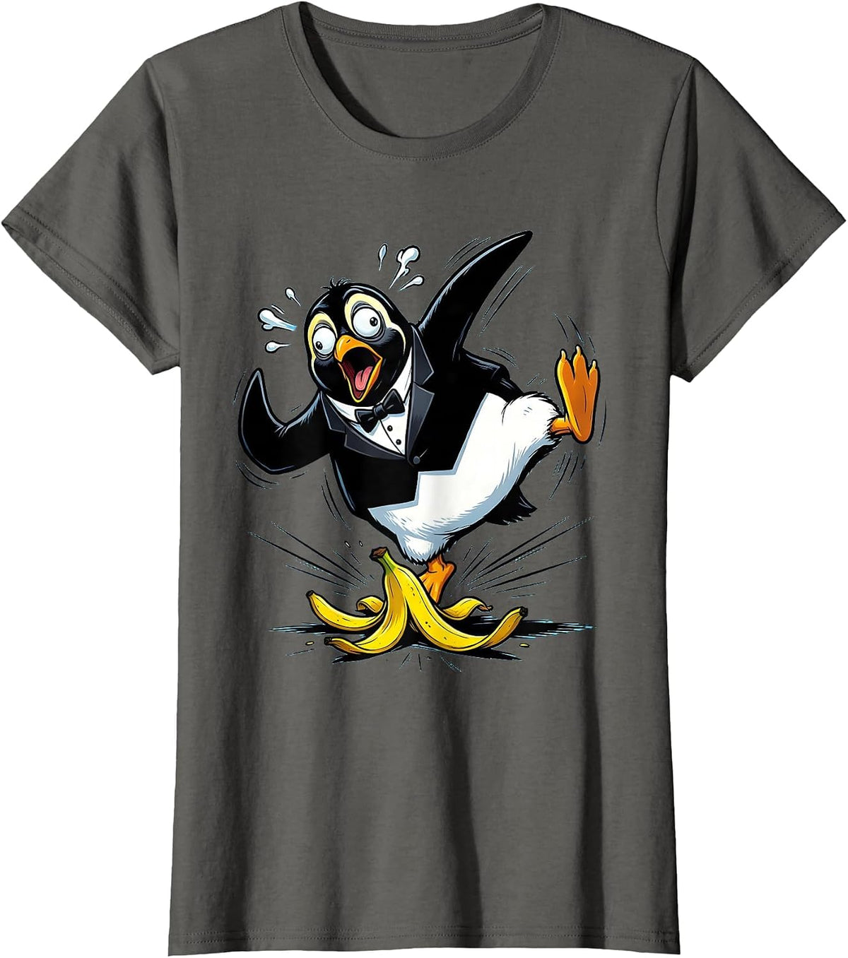 Women's Dramatic Penguin Banana Peel Slip Funny Art T-Shirt - Asphalt Grey
