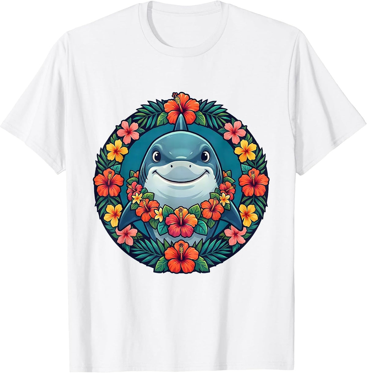 Men's Cute Shark Floral Lei Hawaiian Graphic Tee T-Shirt - White
