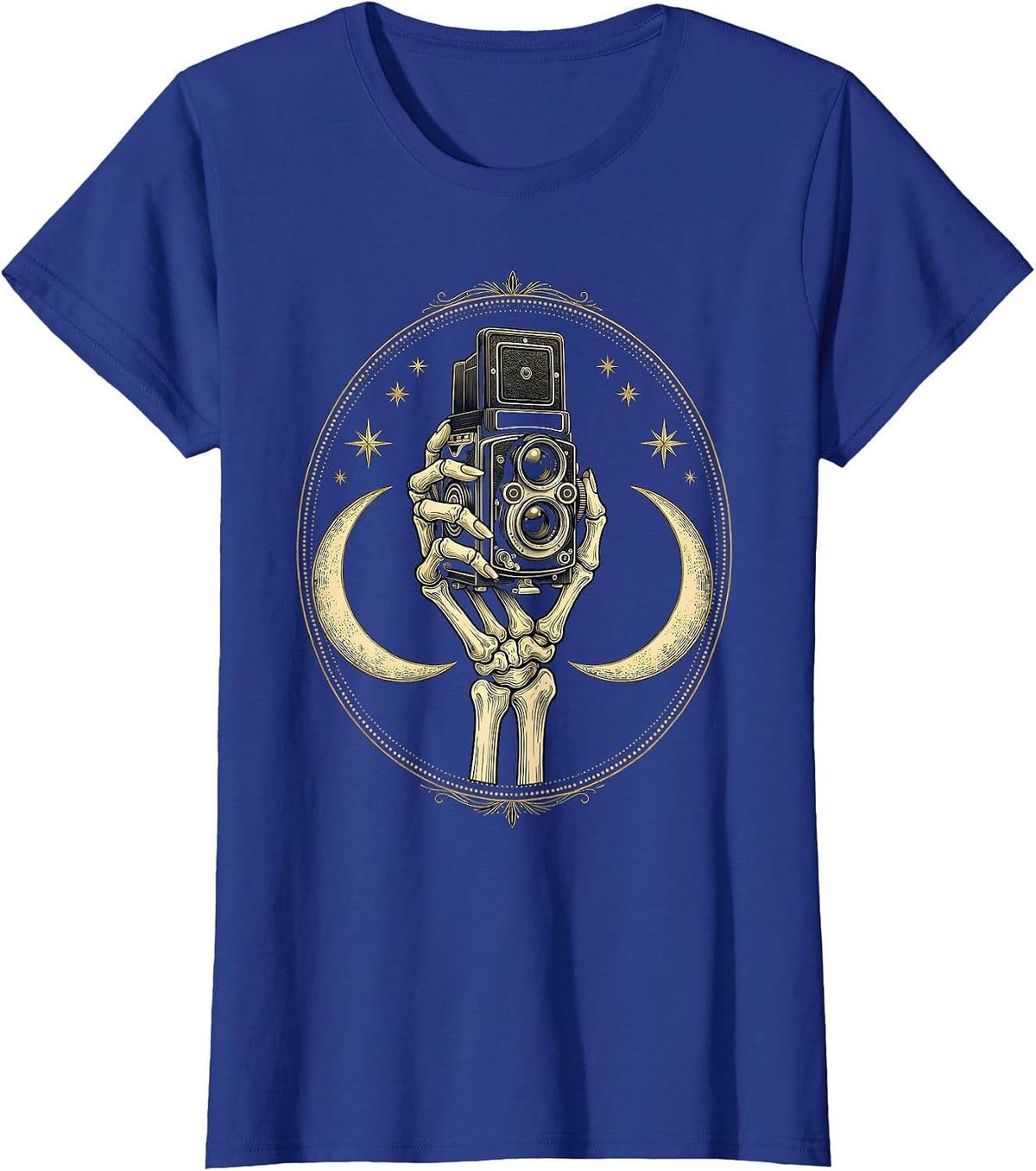 Women's Skeleton Hand Vintage Camera Photography Graphic T-Shirt - Royal Blue