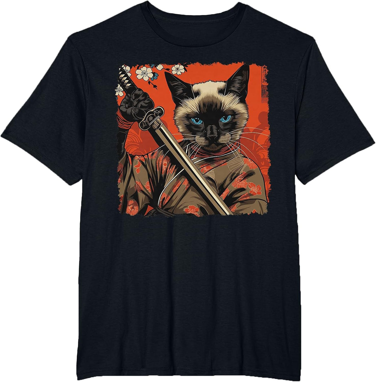 Siamese Cat Japanese Art Samurai Ukiyo-e Vintage T-Shirt - Black