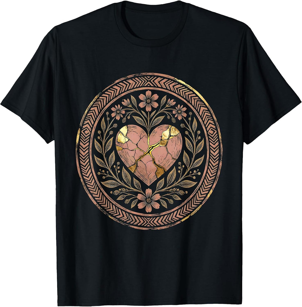 Men's Cancer Cracked Heart Golden Kintsugi Design T-Shirt - Black