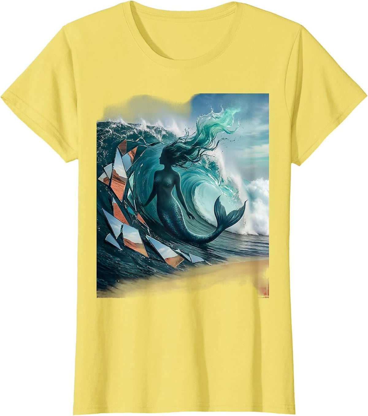 Mermaid Silhouette Ocean Wave Curl Graphic T-Shirt - Lemon Yellow