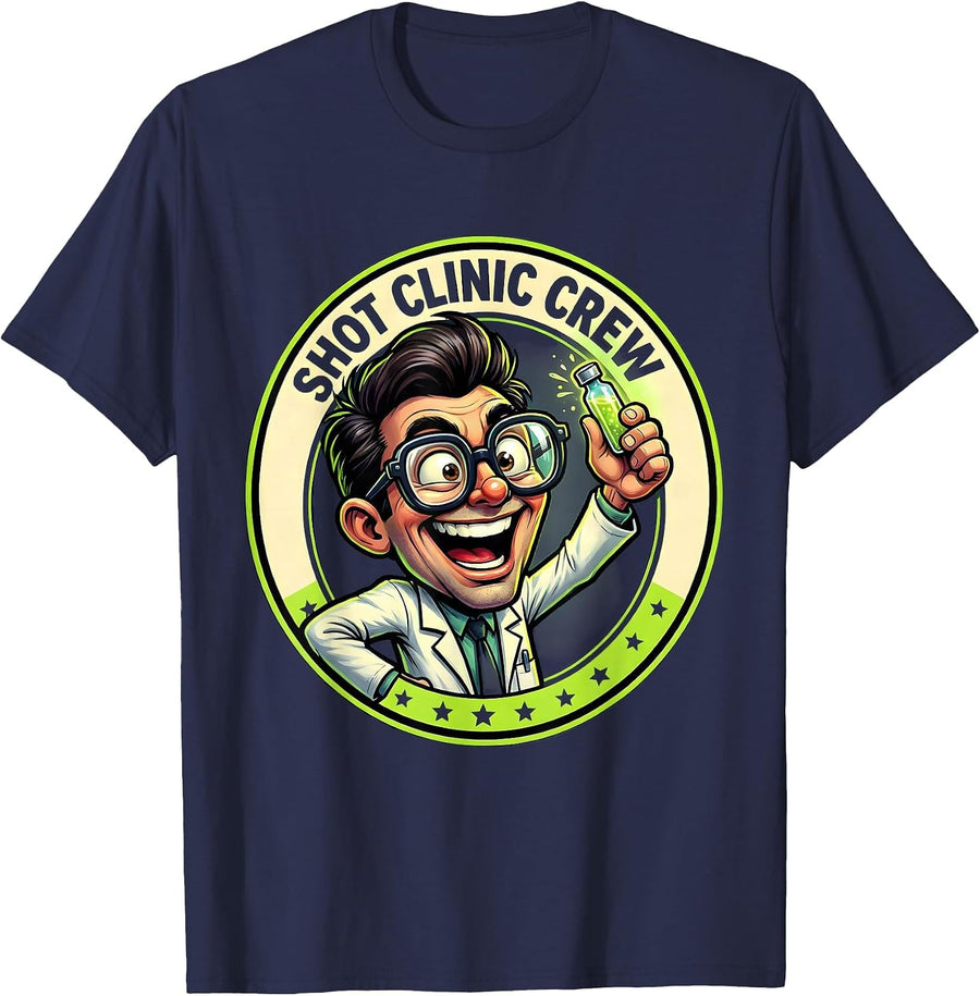Shot Clinic Crew Cartoon Pharmacist Funny Healthcare Worker T-Shirt - Navy Blue