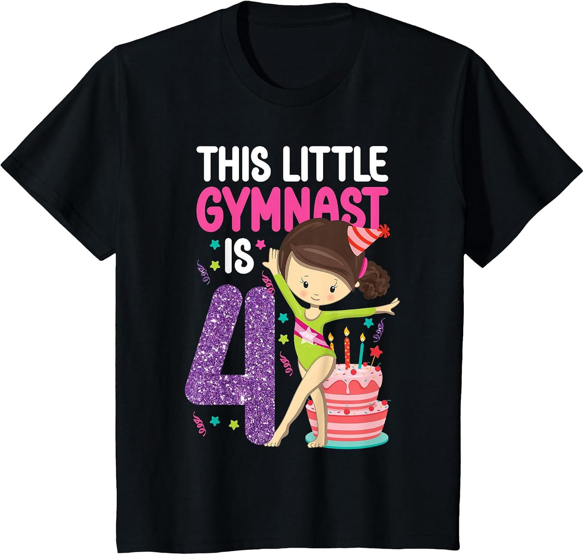 Gymnastics 4th Birthday This Little Gymnast is 4 T-Shirt - Black
