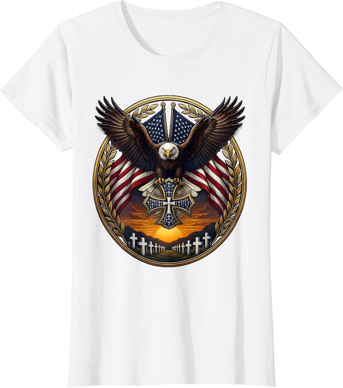 Memorial Crosses at Dusk Veteran Tribute T-Shirt - White