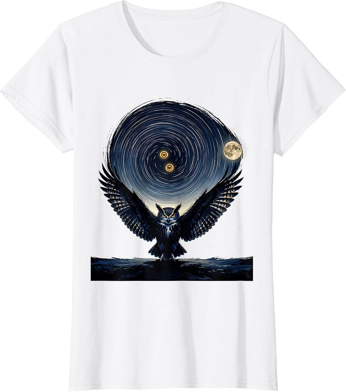 Women's Owl Starry Night Van Gogh Parody Art Cat Lover T-Shirt - White