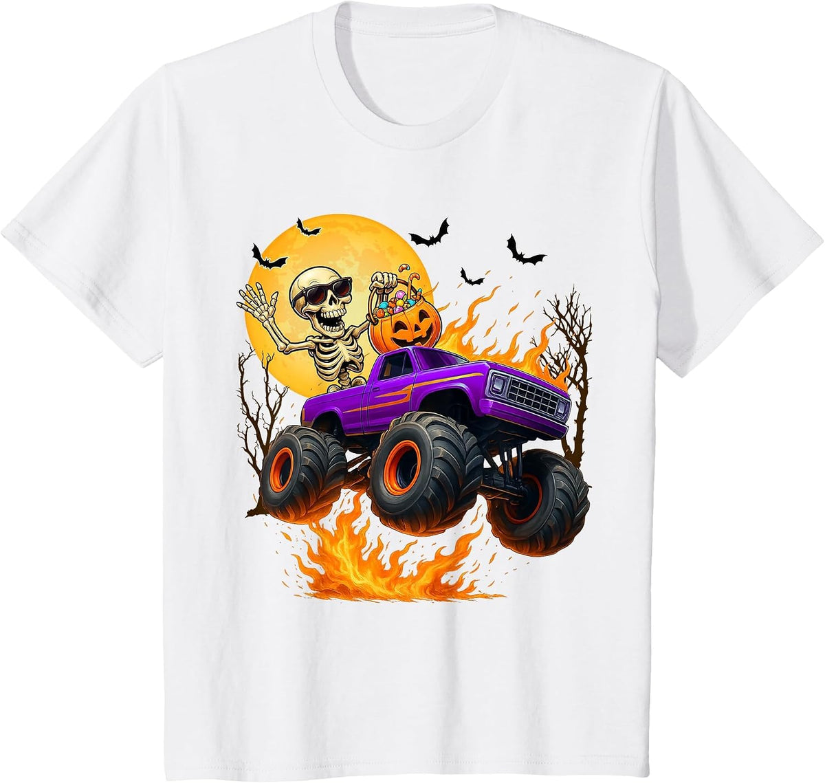 Spooky Skeleton Riding Monster Truck Halloween Costumes Boy T-Shirt - White