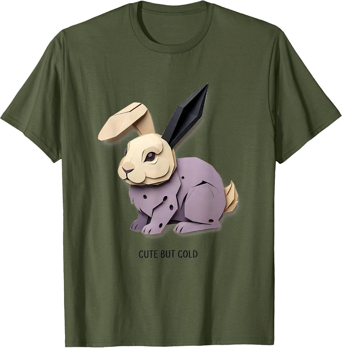 Cute But Cold Paper Cutout Bunny Rabbit Alt Goth Grunge T-Shirt - Olive Green