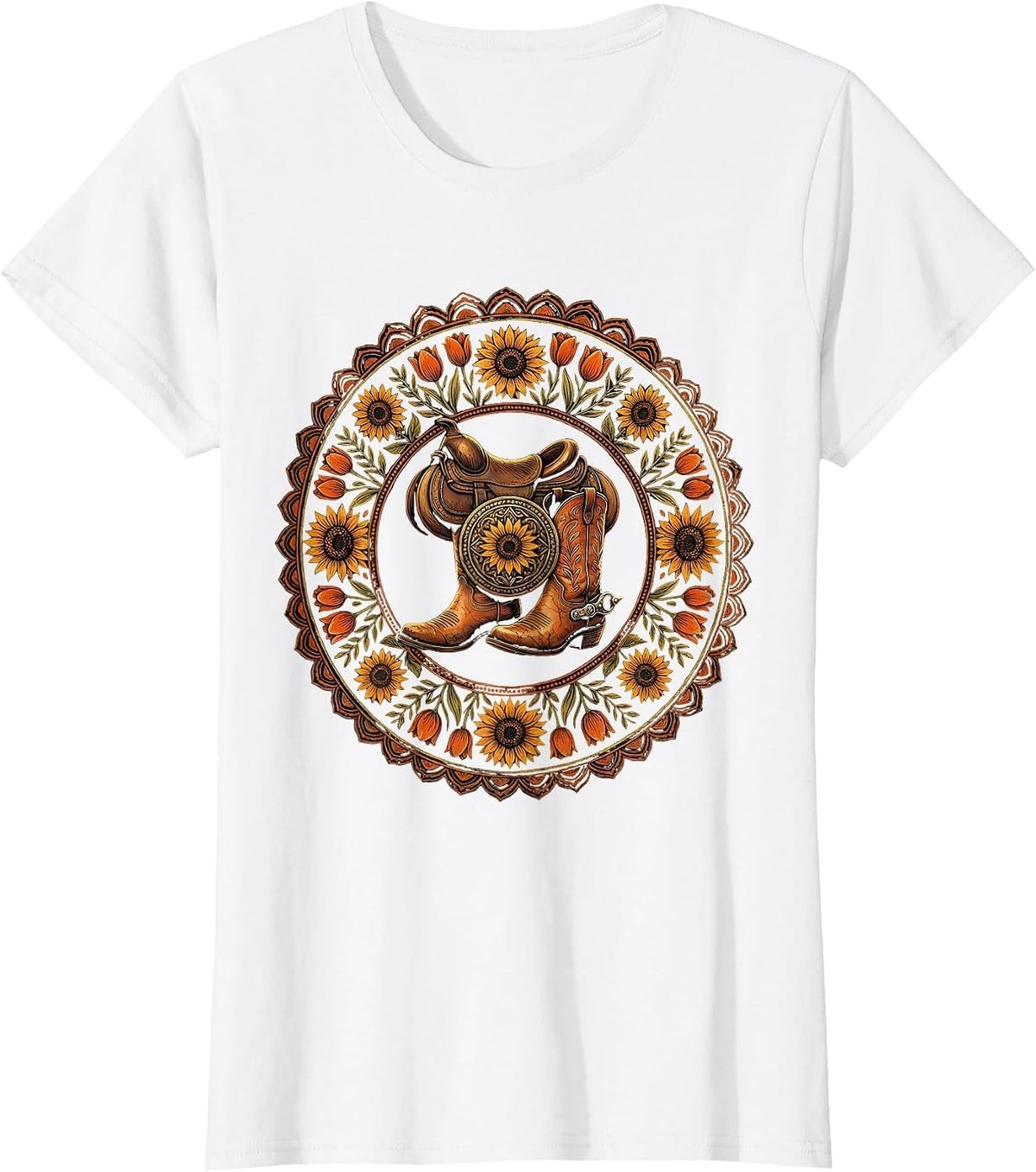 Cowgirl Boots Spurs and Saddle Western Graphic T-Shirt - White