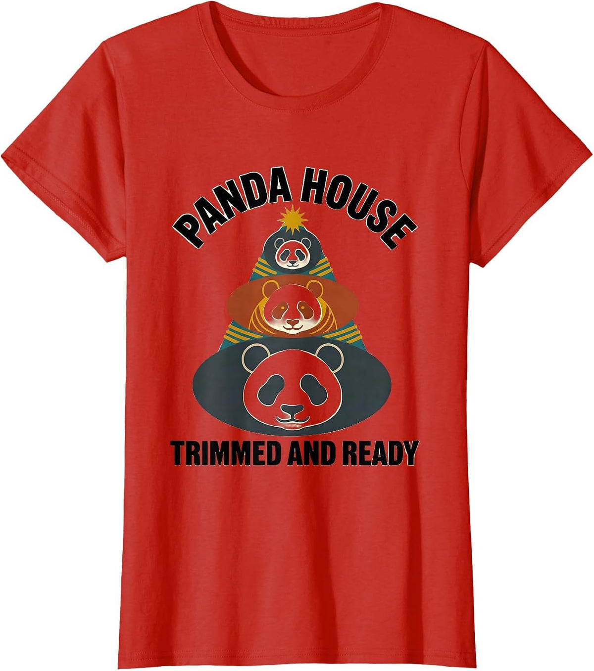 Women's Panda House Trimmed And Ready Midcentury Modern Animal Lover T-Shirt - Red