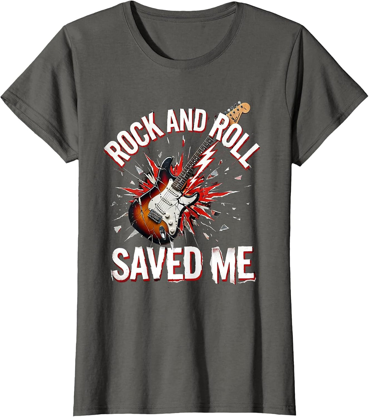 Women's Rock and Roll Saved Me 80s Rock Band Design T-Shirt - Asphalt Grey