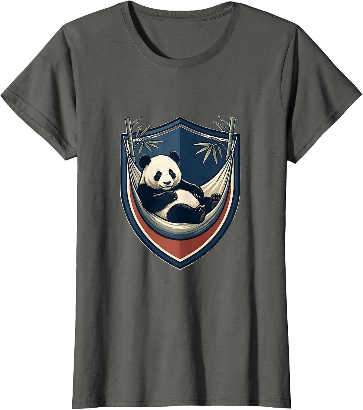 Women's Panda Emblem Shield Reclining Bamboo Crest Humor T-Shirt - Asphalt Grey