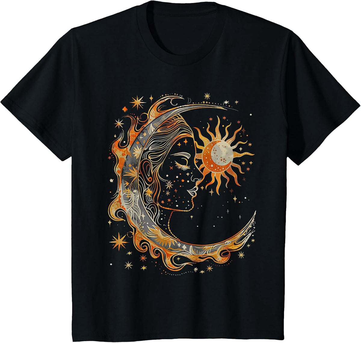 Mystical Sun and Moon with Woman Mystical Flowers Aesthetic T-Shirt - Black