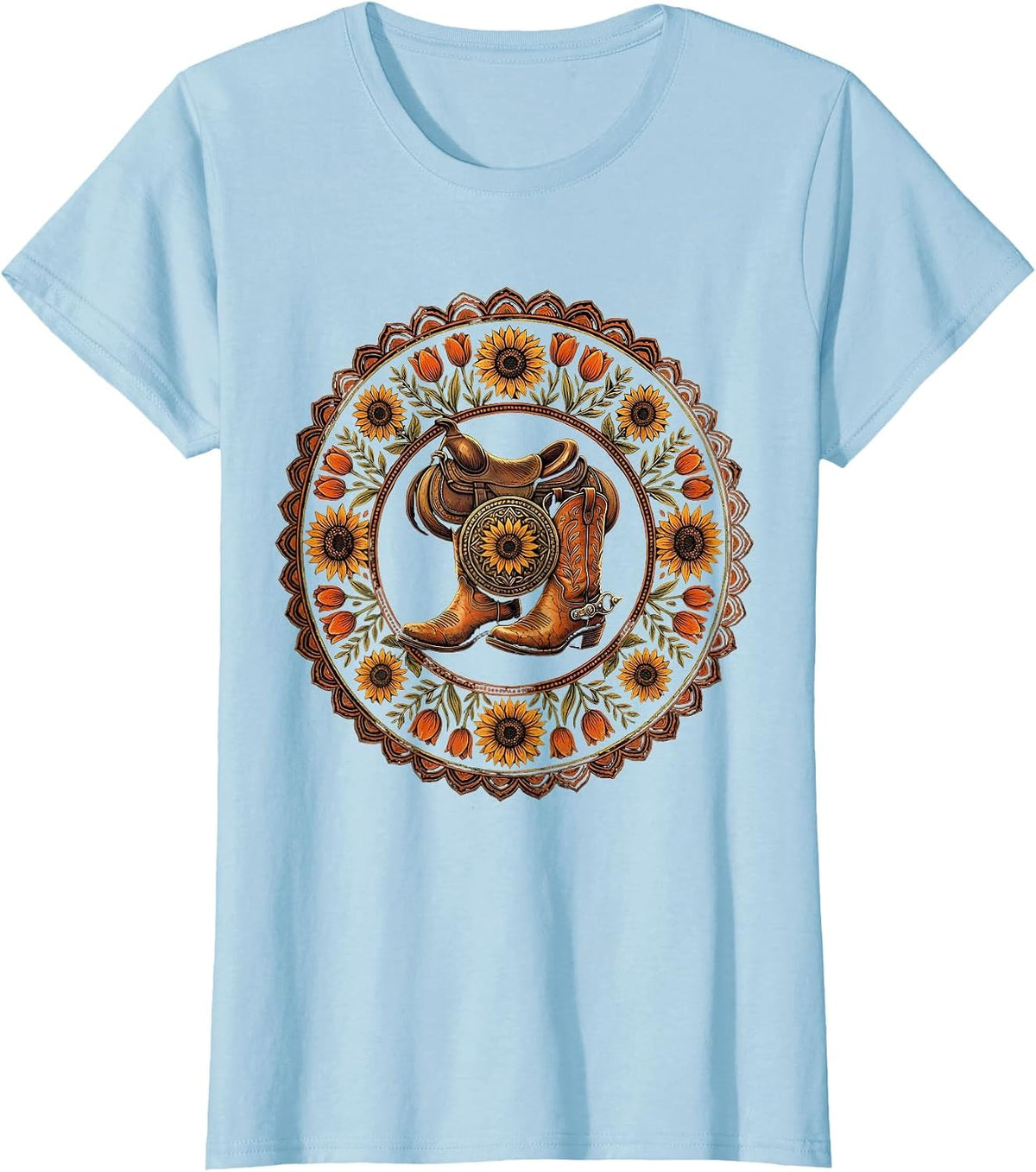 Cowgirl Boots Spurs and Saddle Western Graphic T-Shirt - Baby Blue