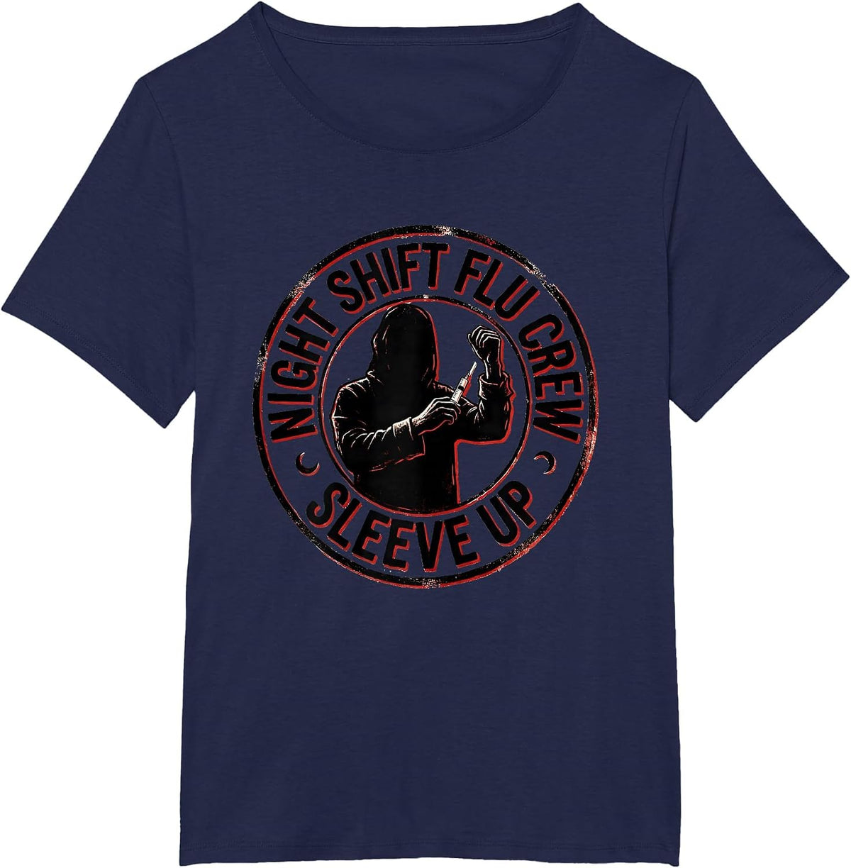 Women's Night Shift Flu Crew Sleeve Up Funny Nurse Ghost Halloween T-Shirt - Navy Blue