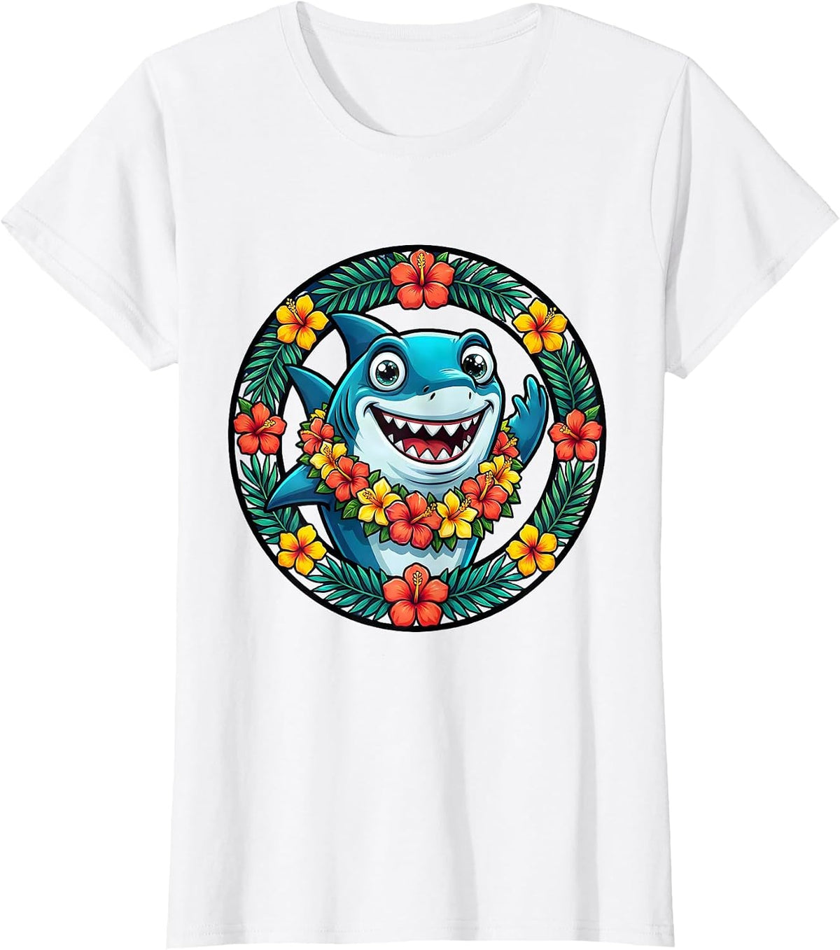 Kids Hawaiian Shark Floral Lei Cartoon Design T-Shirt - White