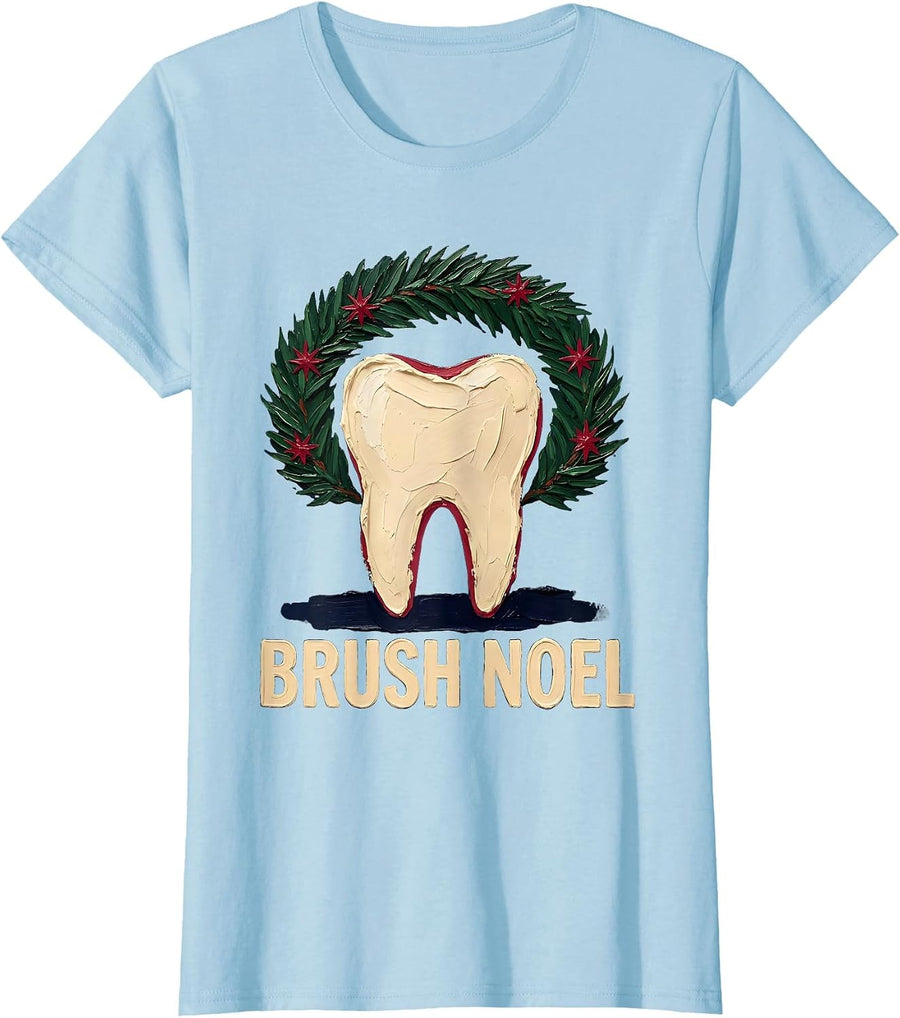 Women's Brush Noel Funny Dental Christmas Dental Hygienist Crew T-Shirt - Baby Blue