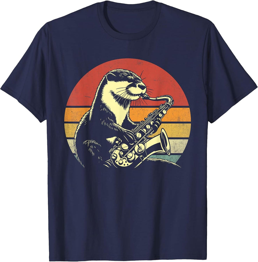 Otter Playing Saxophone Wind Instrument Saxophonist Otter T-Shirt - Navy Blue