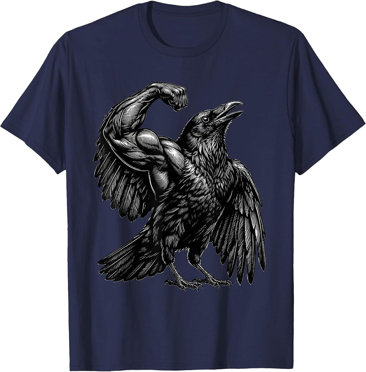 Crow Flexing Muscles Bodybuilder Bird Art T-Shirt - Navy Blue