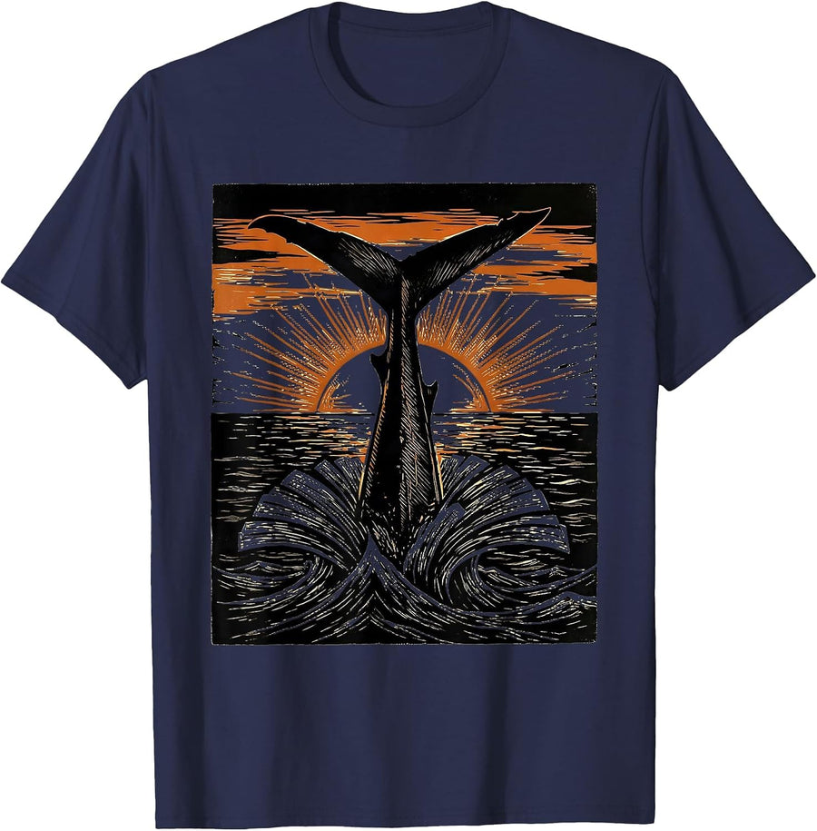Hawaiian Shark Fin Glowing Sunset Graphic T-Shirt - Navy Blue