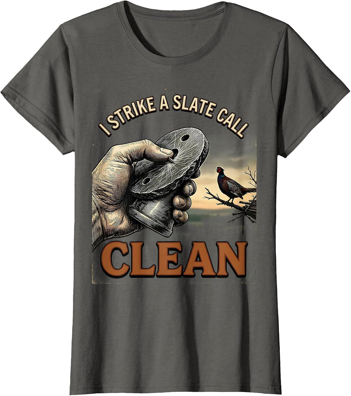 Women's I Strike a Slate Call Clean Vintage Turkey Hunting Camo T-Shirt - Asphalt Grey