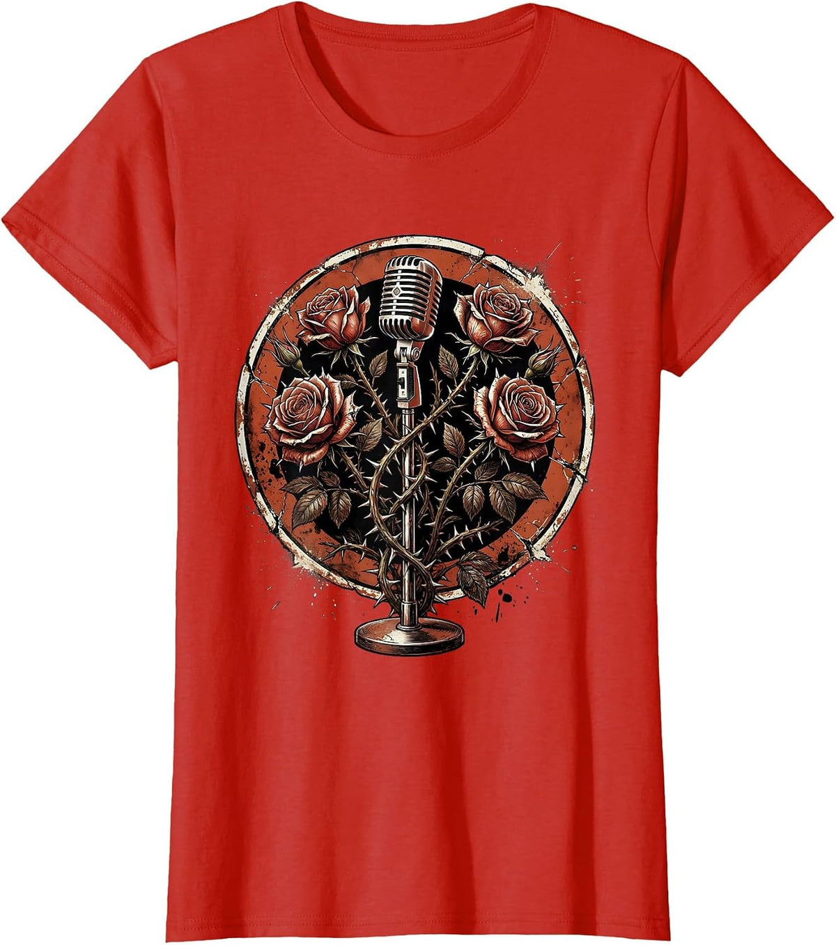 Microphone Stand Thorny Roses Classic Rock Art T-Shirt - Red