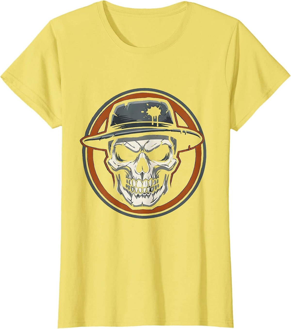 Skull Mechanic Cap Oil Stained Graphic Tee T-Shirt - Lemon Yellow