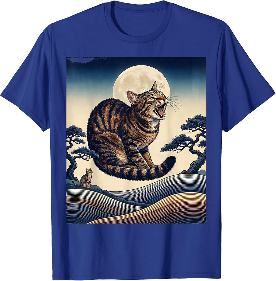 Brown Tabby Cat Howling at Moon 90's Retro Nature Art T-Shirt - Royal Blue