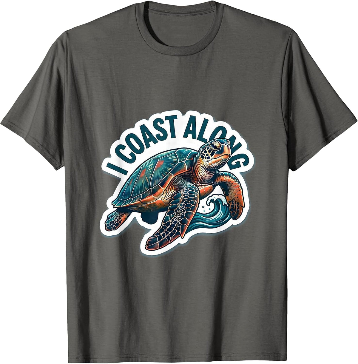 I Coast Along Sticker Style Sea Turtle Tropical Vacation T-Shirt - Asphalt Grey