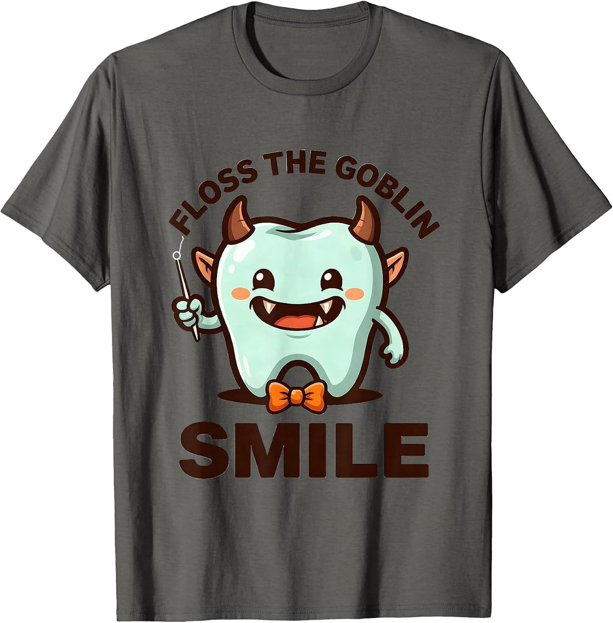 Floss the Goblin Smile Cute Kawaii Halloween Dentist Dental T-Shirt - Asphalt Grey