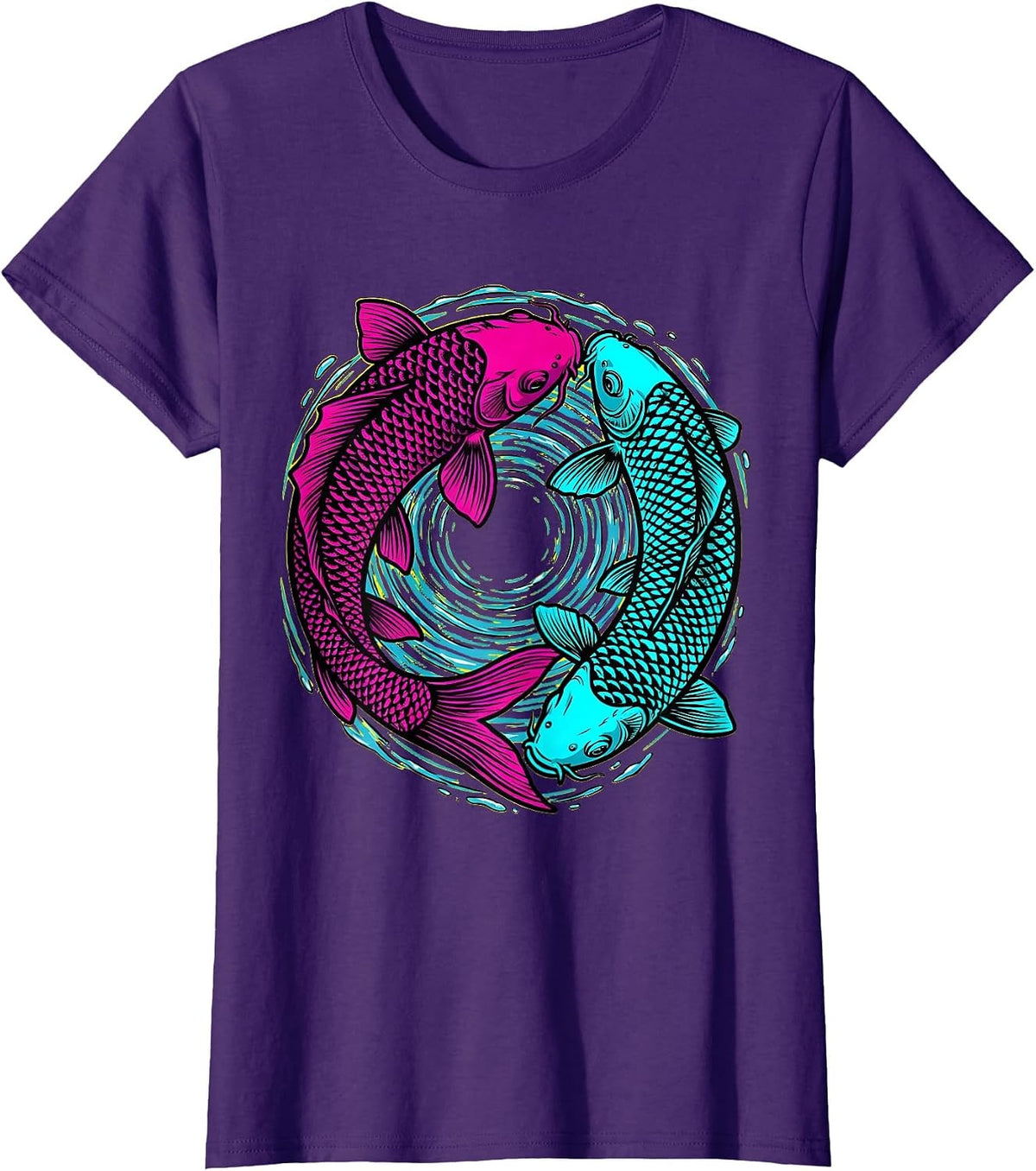 Women's Twin Day Matching Koi Fish Circling Design T-Shirt - Purple