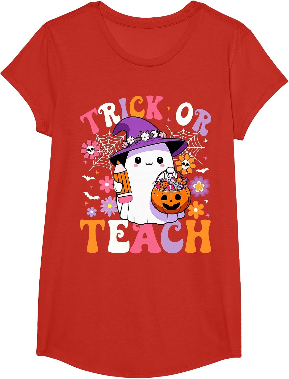 Trick Or Teach Groovy Teacher Ghost Funny Halloween Teacher T-Shirt - Girls Red