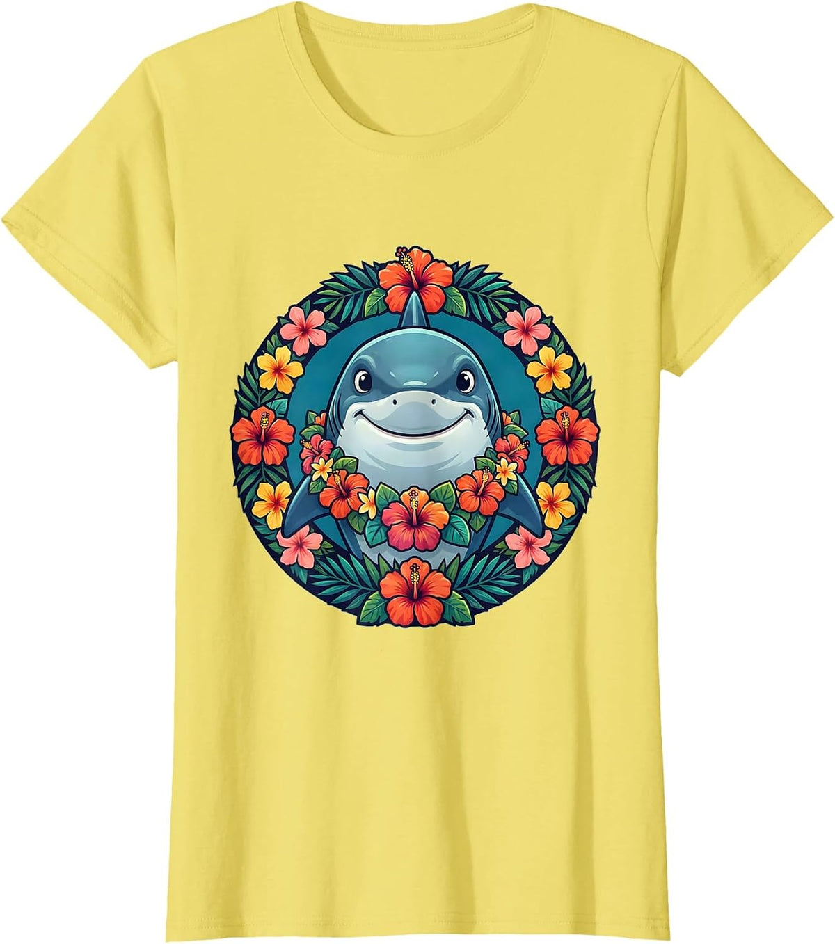 Women's Cute Shark Floral Lei Hawaiian Graphic Tee T-Shirt - Lemon Yellow