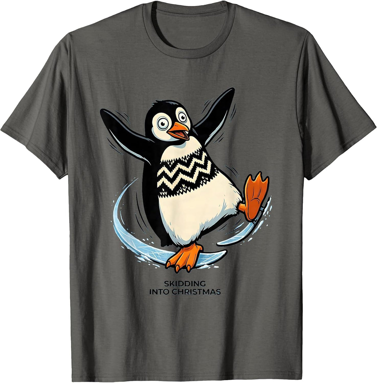 Men's Skidding Into Christmas Funny Ugly Christmas Penguin Novelty T-Shirt - Asphalt Grey
