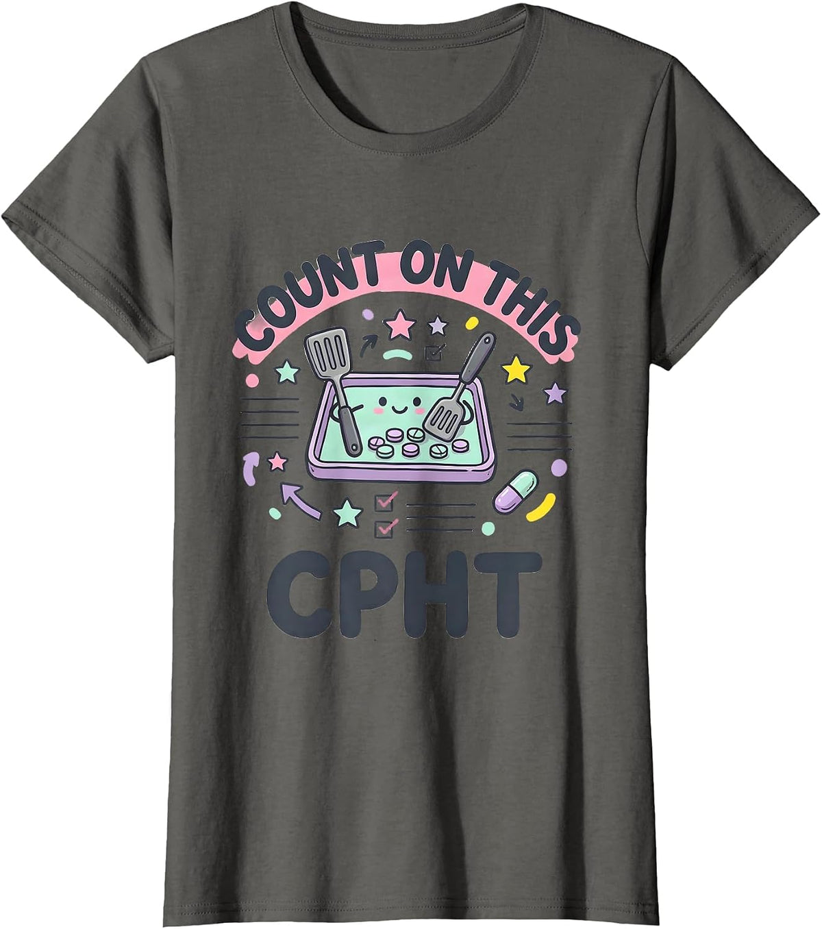 Women's Count On This CPhT Kawaii Pharmacy Technician Doodle T-Shirt - Asphalt Grey