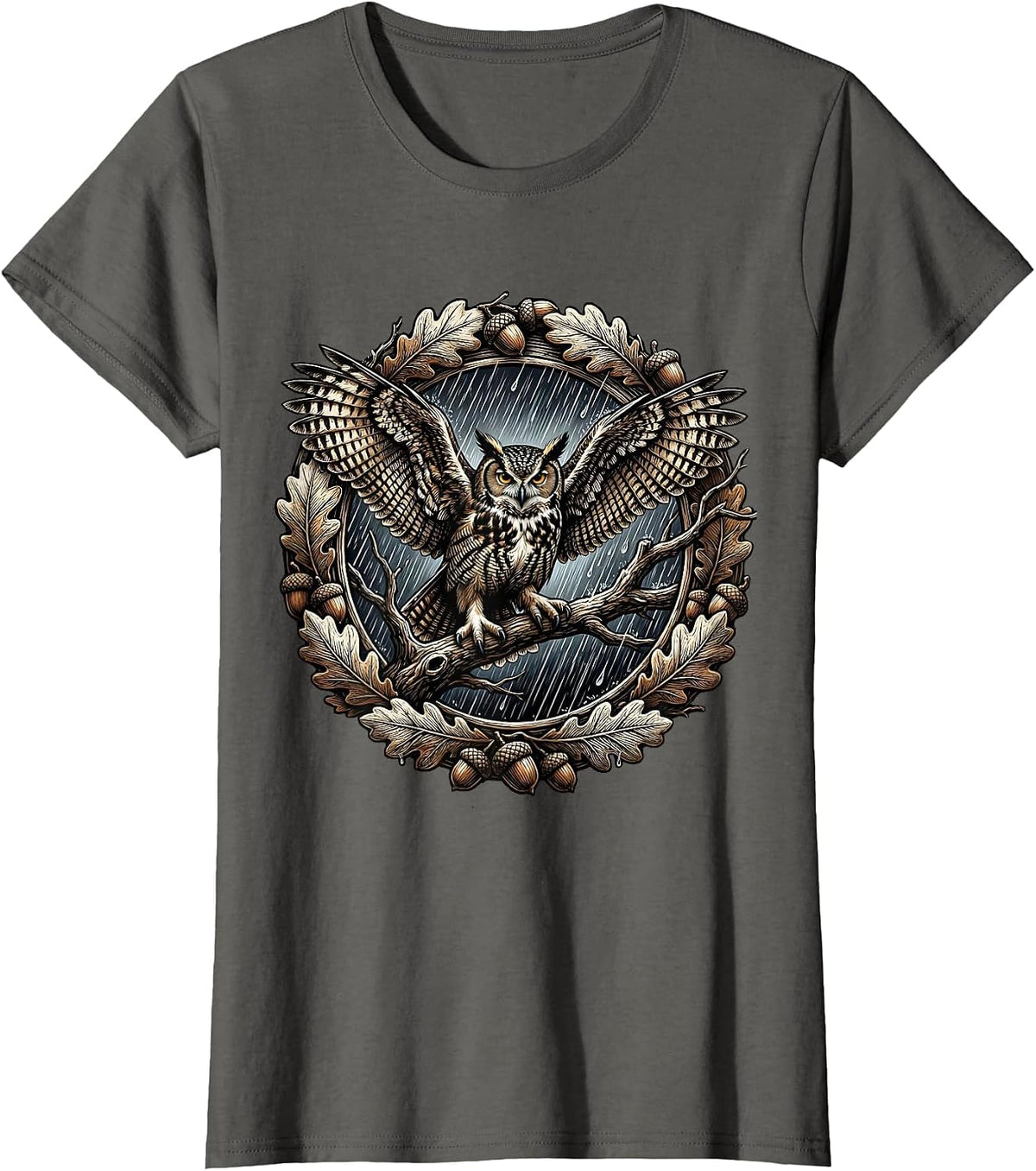 Women's Owl in the Rain Autumn Nature Illustration T-Shirt - Asphalt Grey