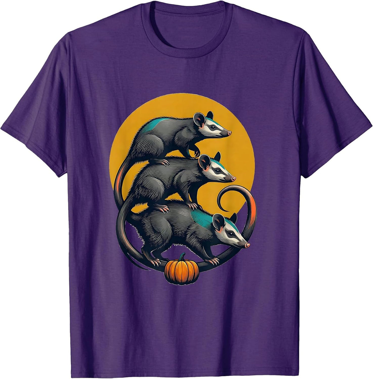 Men's Three Opossum Moon Vintage Halloween Spooky Novelty T-Shirt - Purple