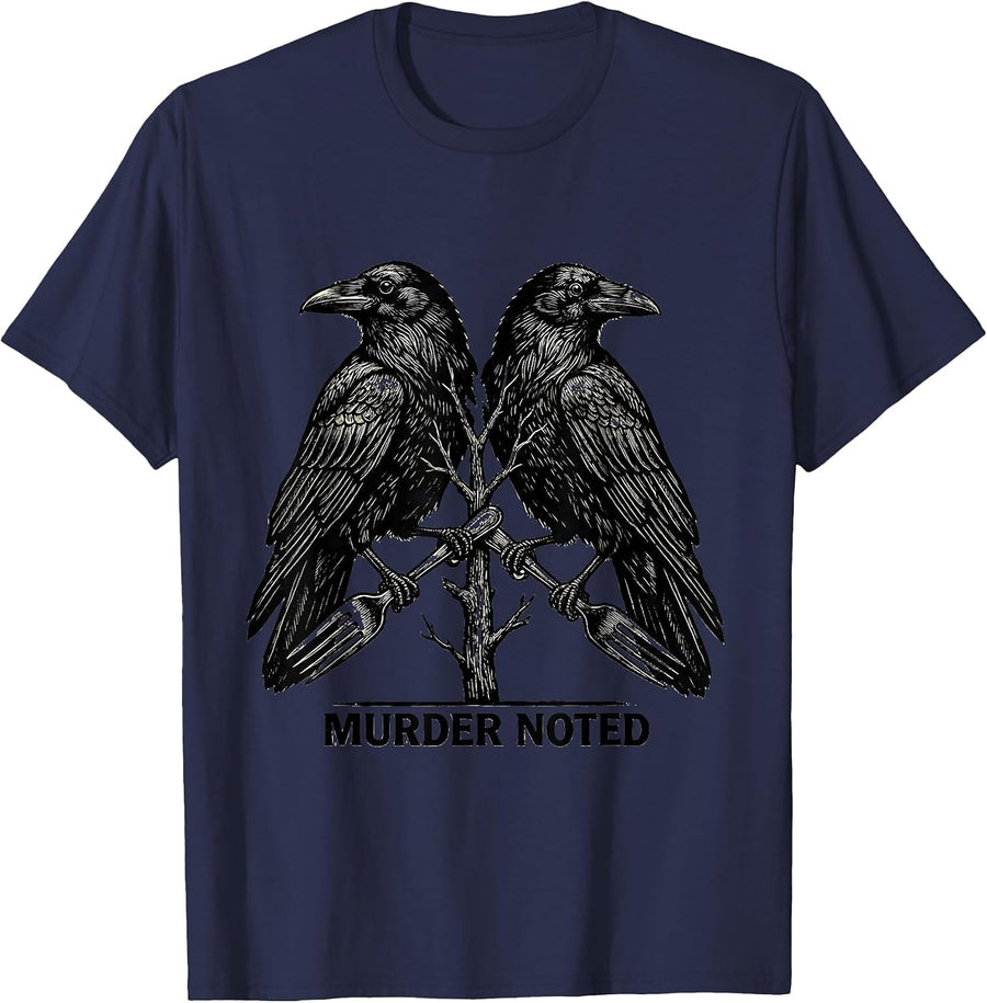 Murder Noted Woodcut Engraving Crow Lover Dark Humor T-Shirt - Navy Blue
