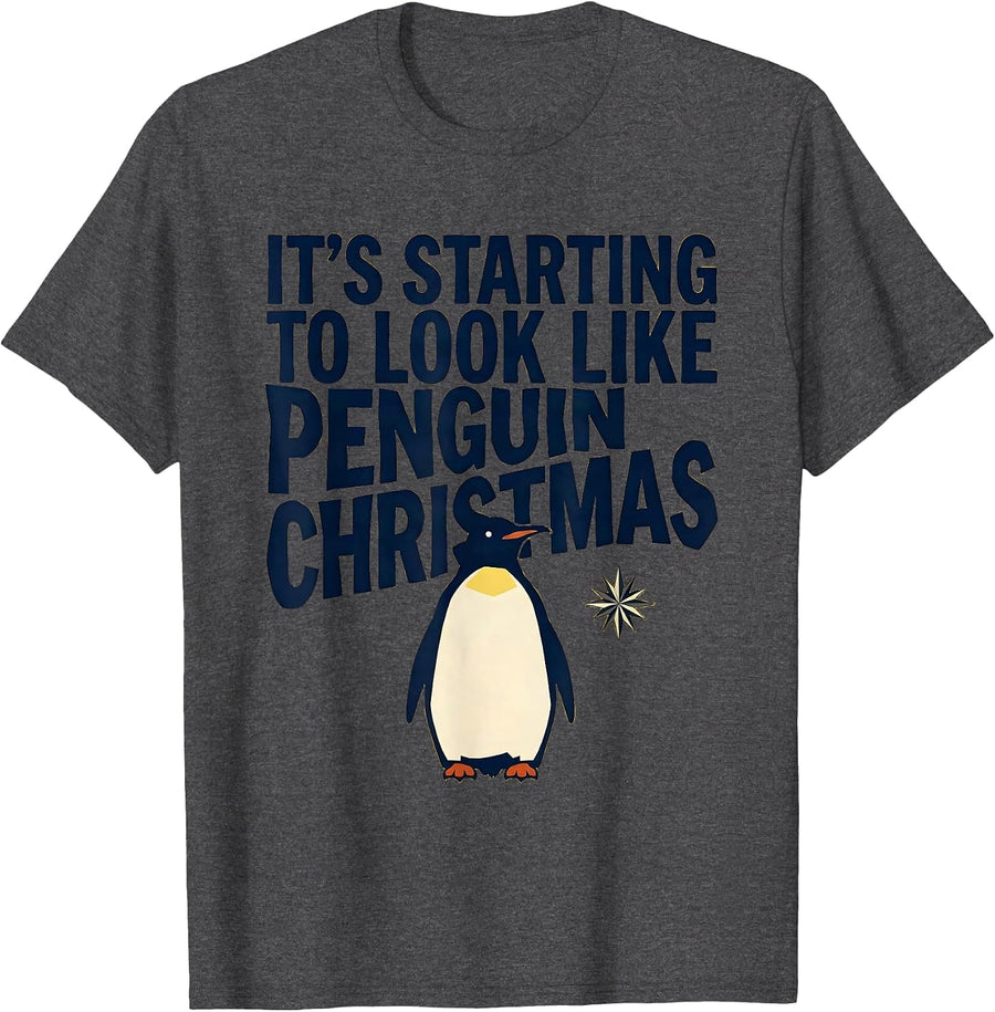 Men's It's Starting To Look Like Penguin Christmas Funny T-Shirt - Dark Heather Grey
