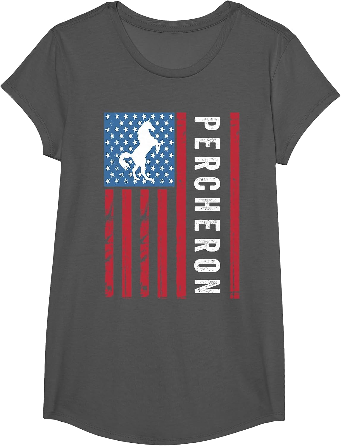 Percheron Horse with American Flag, Percheron Horse T-Shirt - Girls Asphalt Grey
