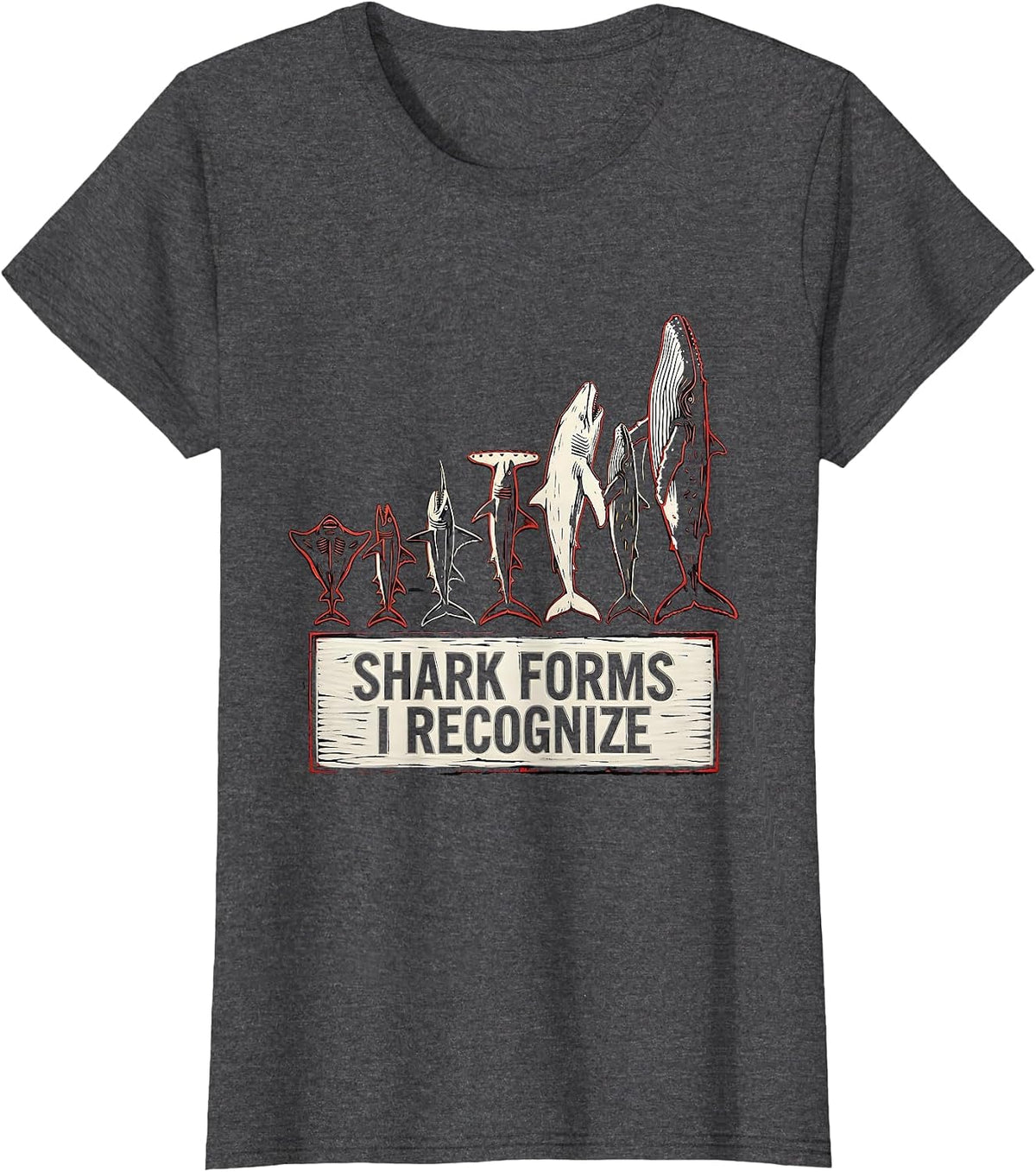 Women's Shark Forms I Recognize Linocut Marine Biology Ocean T-Shirt - Dark Heather Grey