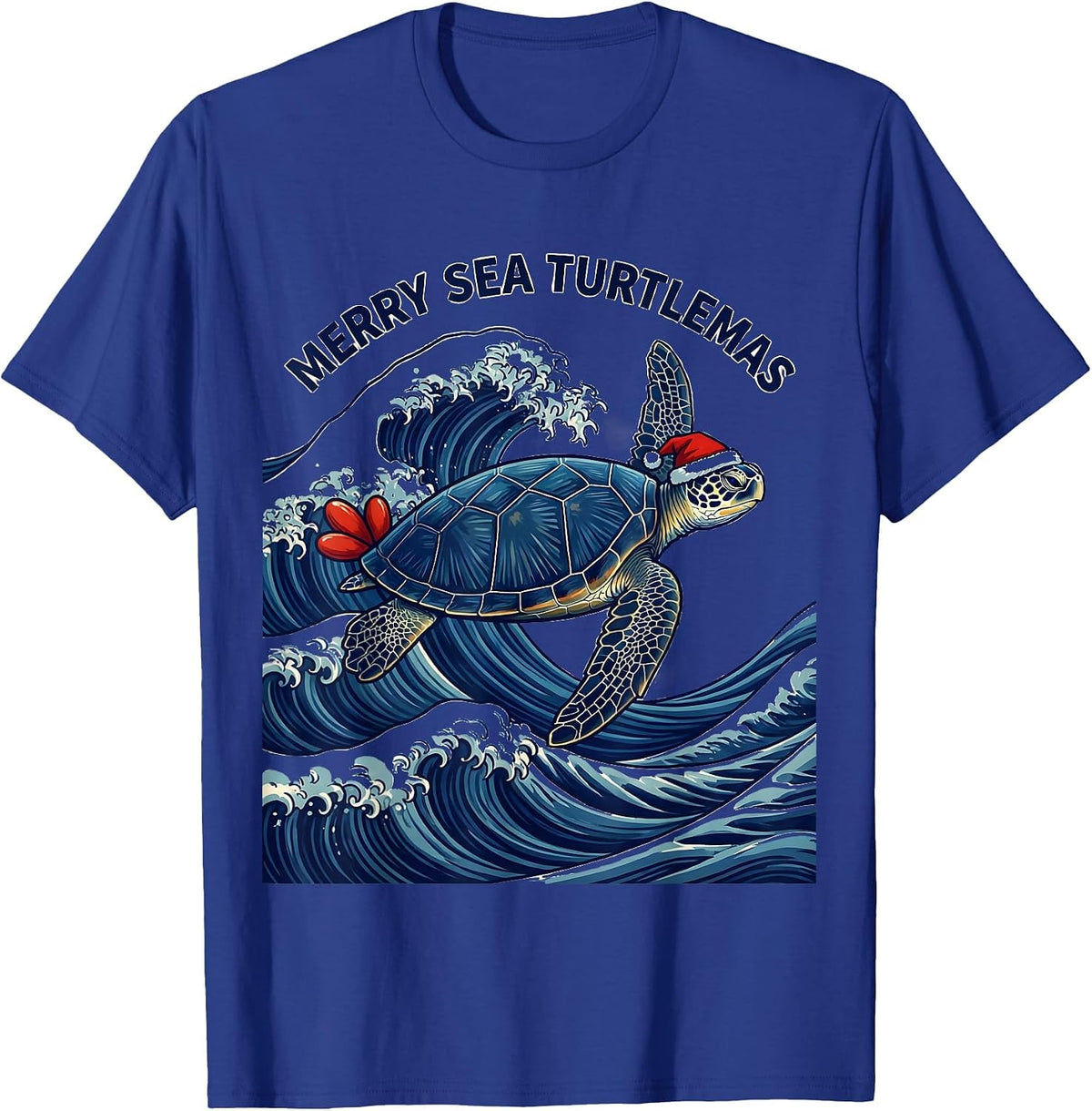Men's Merry Sea Turtlemas Ukiyo-e Santa Hat Sea Turtle Lover T-Shirt - Royal Blue