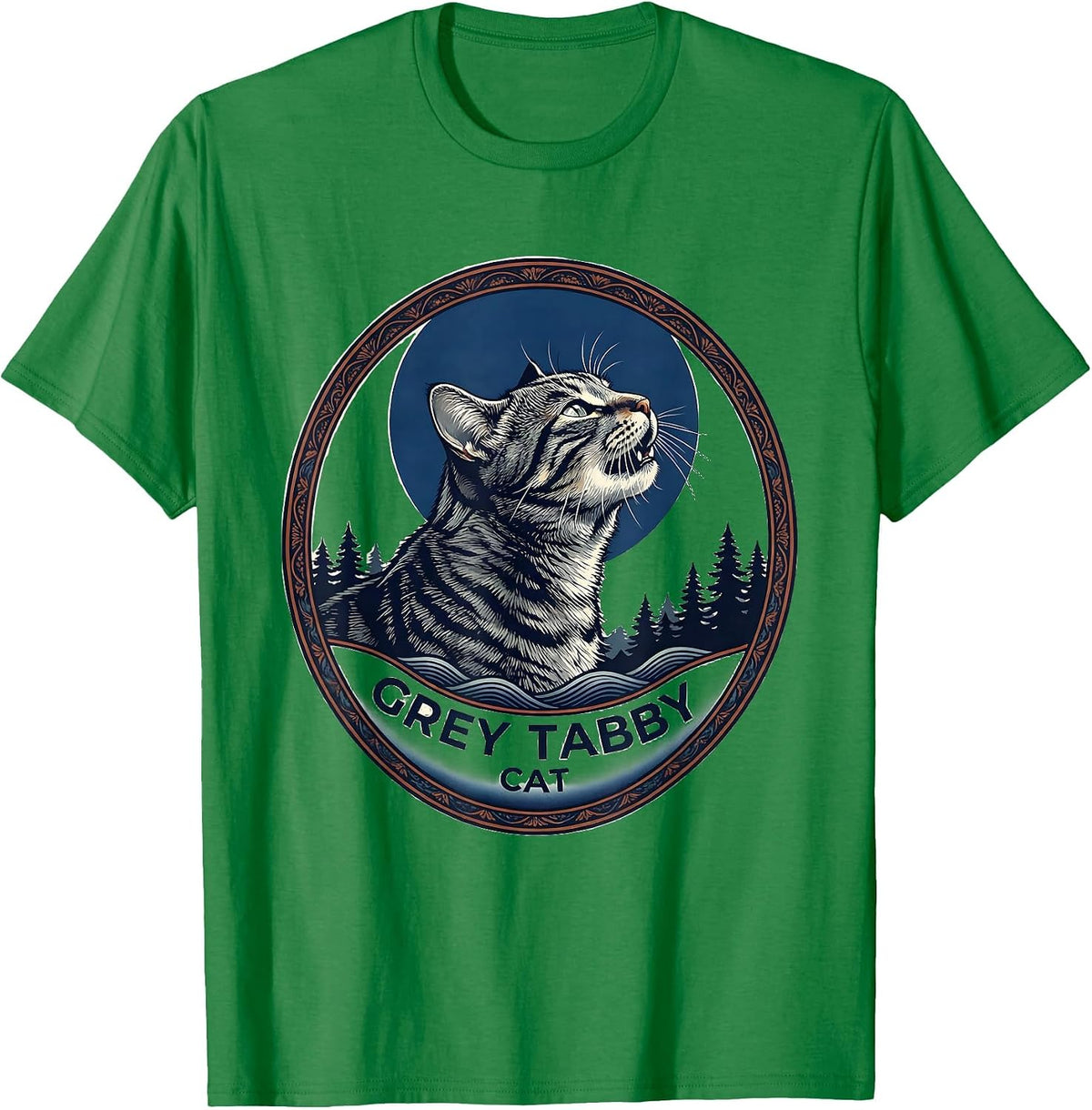 Men's Grey Tabby Cat Howling at Moon Ukiyo-e Retro Cat Owner T-Shirt - Kelly Green