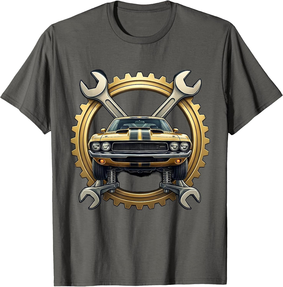 Classic Muscle Car on Jack Stands Mechanic Graphic T-Shirt - Asphalt Grey