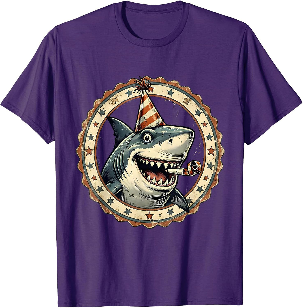 Funny Party Shark Celebration Graphic T-Shirt - Purple