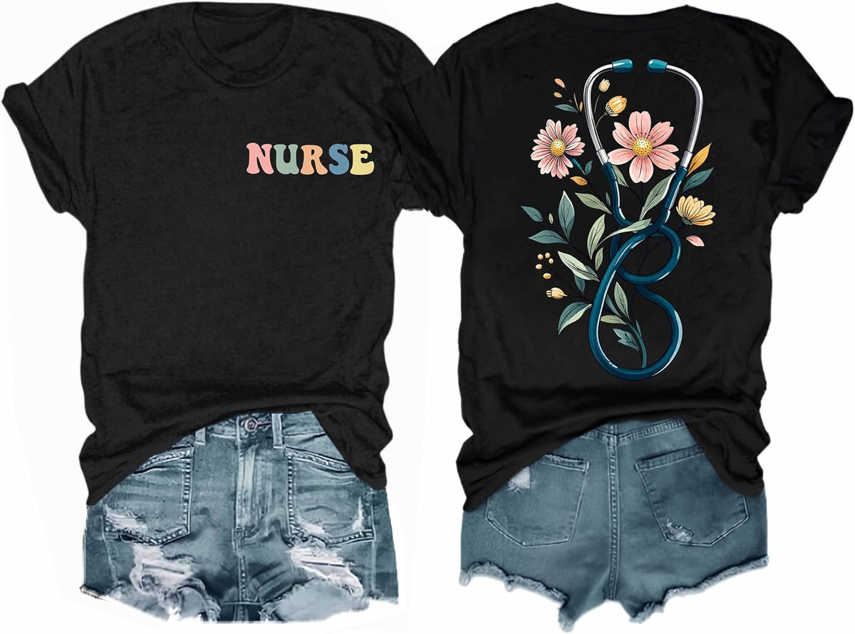 Nurse Shirts for Women Nurse Life T Shirt Funny Boho Floral Stethoscope Graphic Tshirt - Black