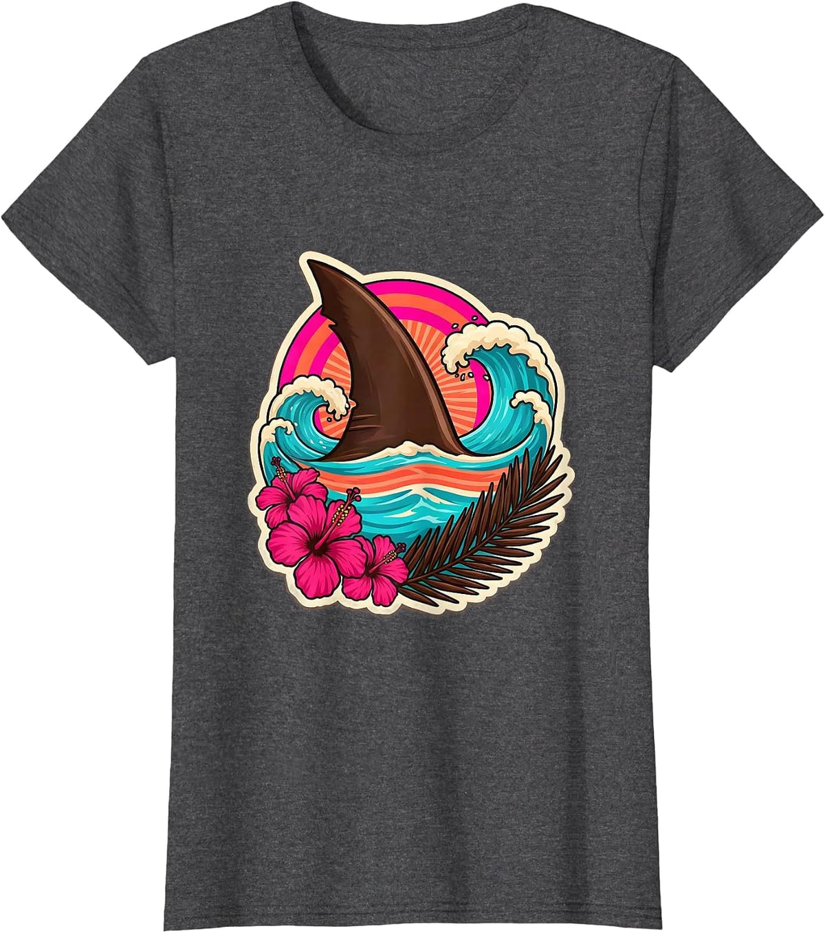 Women's Kids Shark Fin Ocean Waves Hawaiian Design T-Shirt - Dark Heather Grey